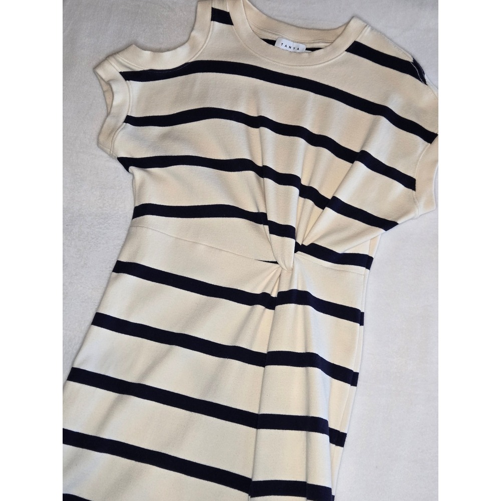 Tanya Taylor Charlie Dress Cream Navy Striped Cold Shoulder Twist Midi Dress S